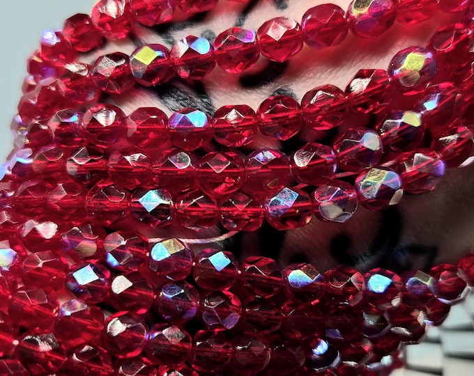 7FC545 Rare 7mm Round Dark Ruby AB Czech Glass Fire Polished Faceted Beads - Discontinued Vintage Beads (25 Pieces) Jewelry Making Supplies