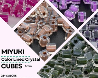 Miyuki Cube 4mm, Color Lined Square Seed Beads | Crystal Glass | DIY Jewelry Supply
