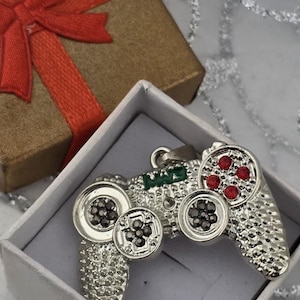 Game Controller Pendant: Silver with Green and Red Gems - Gaming Jewelry