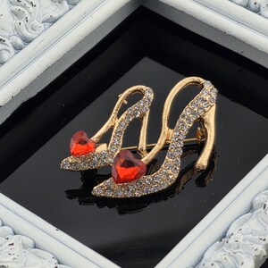 Gold Plated High Heel Brooch, Ruby Rhinestone | Vintage Glamour Pin