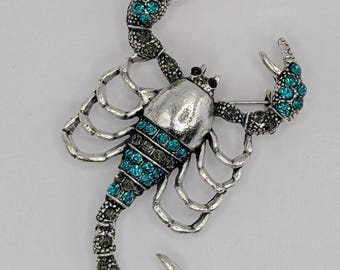Scorpion Brooch, Teal Enamel Detail | Silver Plated Pin | Nature Motif