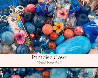 Mezcla de cuentas: Azul océano tropical, cristal coral / Cabujón de loro e hibisco