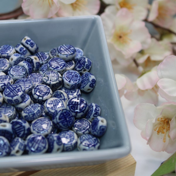 Elegant Chinoiserie Porcelain Longevity Beads - Small and Stylish - 7.5 x 4mm - Set of 10