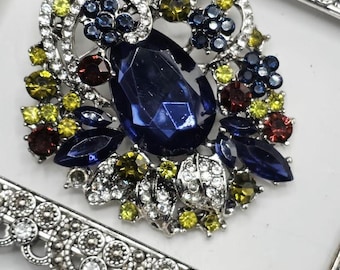 Ornate Floral Brooch, Silver Plated | Blue Sapphire Accent | Decorative Statement Lapel Pin