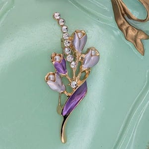 Floral Gold Plated Brooch, Purple and White Enamel (Elegant Pin)