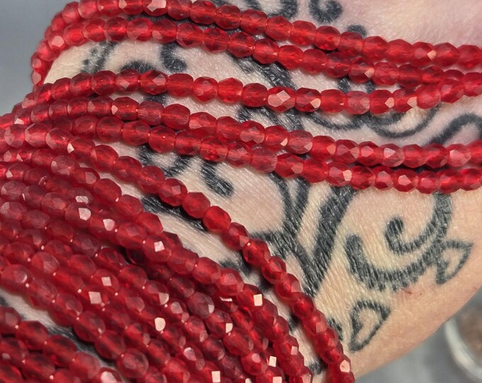 Matte Red Faceted Czech Fire Polished Beads - 100 pcs 4mm Beads, Perfect for Jewelry Making and Crafting Projects