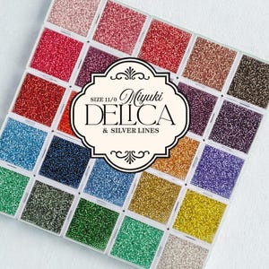 May include: A square storage container with twenty-five individual compartments filled with size 11/0 Miyuki Delica and Silver Lines glass seed beads in a variety of colors including red, blue, green, yellow, purple, and metallic shades.