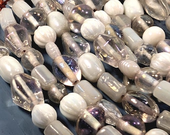 Handmade Lampwork Glass Beads: Clear, White & Rainbow Finish - 8&quot; Strand