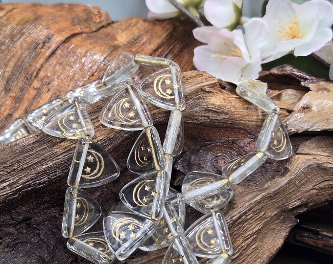 Vintage Czech Glass Triangle Beads | 20mm Transparent & Gold Top Drilled | 24" Strand for Jewelry Making and Crafting