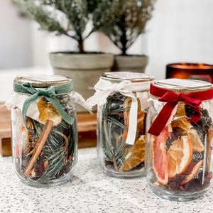 May include: Three glass jars filled with dried orange slices, cinnamon sticks, and greenery, tied with velvet ribbons in green, white, and red. The jars are on a white speckled surface, with a blurred background of potted plants.