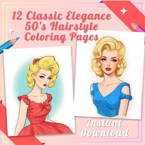 Vintage 1950s Hairstyle Fashion Coloring Book | 12 Stunning Pages | Adult Coloring Book | Fashion | Digital Printable PDF | Instant Download