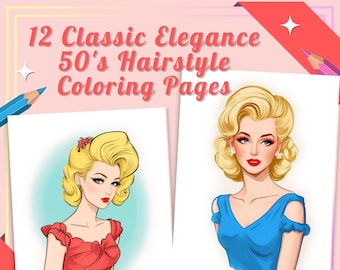 Vintage 1950s Hairstyle Fashion Coloring Book | 12 Stunning Pages | Adult Coloring Book | Fashion | Digital Printable PDF | Instant Download