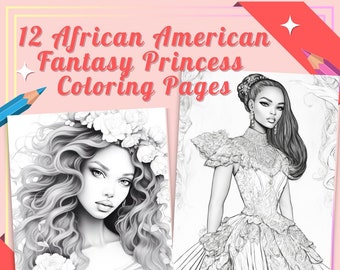 Coloriages de princesse fantastique afro-américaine | 12 superbes pages | Livre de coloriage pour adultes | PDF imprimable numérique | Téléchargement instantané