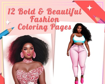 12 Páginas para colorear de moda con curvas afroamericanas / Libro para colorear para adultos / Tallas grandes / Regalo positivo para el cuerpo / PDF imprimible / Descarga instantánea