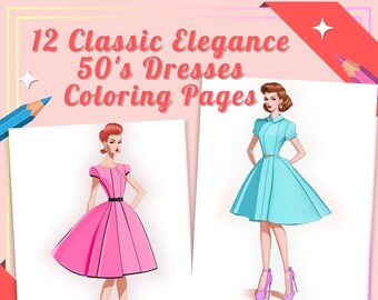 Libro para colorear de moda de vestidos vintage de la década de 1950 / 12 páginas impresionantes / Libro para colorear para adultos / Moda / PDF imprimible digital / Descarga instantánea