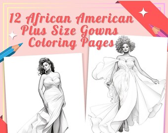 12 Vestidos con curvas Páginas para colorear afroamericanas / Libro para colorear para adultos / Moda de talla grande / Cuerpo positivo / PDF imprimible / Descarga instantánea