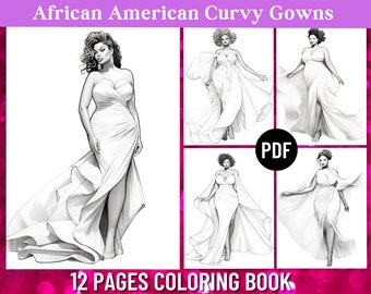 12 Vestidos con curvas Páginas para colorear afroamericanas / Libro para colorear para adultos / Moda de talla grande / Cuerpo positivo / PDF imprimible / Descarga instantánea