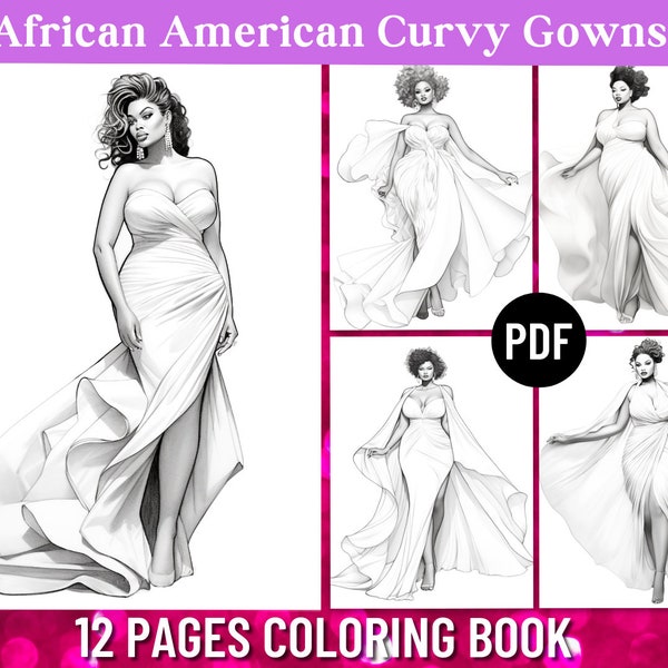 12 Curvy Kleider Afroamerikaner Malvorlagen | Malbuch für Erwachsene | Plus Size Mode | Körperpositiv | Druckbare PDF | Sofort Download