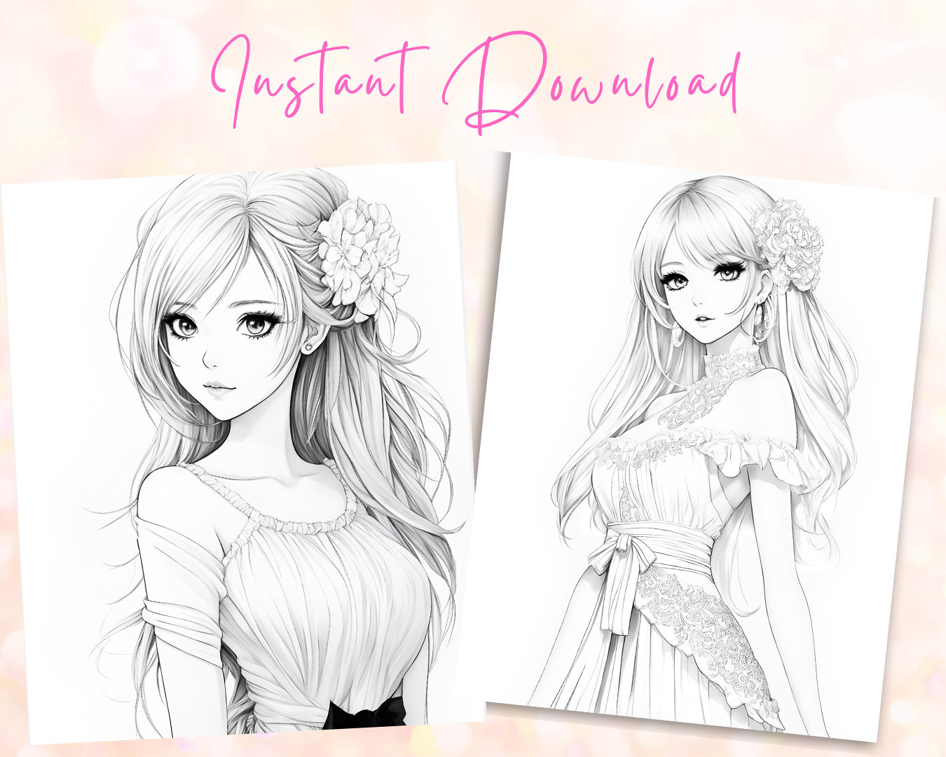 12 Kawaii Anime Coloring Pages, Cute Dresses, Adult Coloring Book ...
