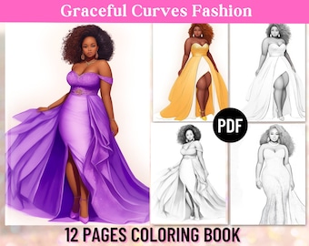 12 African American Fashion Coloring Pages Curvy Gowns | Adult Coloring Book | Body Positive Gift | Printable PDF | Instant Download