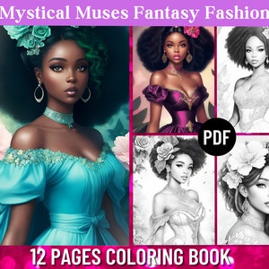 12 African American Fashion Coloring Pages Fantasy Muses | Adult Coloring Book | Coloring Book for Adults | Printable PDF | Instant Download