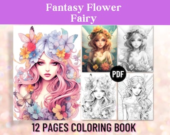 12 Flower Fairy Coloring Pages, Coloring Book for Adults, Fantasy Coloring Sheet Mermaid, Floral Fairy Gift, Printable PDF, Digital Download