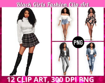 12 Black Women Fashion Clip Art, Black Women Clipart, Black Girls Magic Clipart, Black Girls PNG, Digital Printable PDF, Instant Download