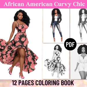 12 African American Curvy Fashion Coloring Pages, Adult Coloring Book, Black Girl Fashion Design, Digital Printable PDF,Instant Download