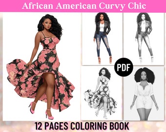 12 African American Curvy Fashion Coloring Pages, Adult Coloring Book, Black Girl Fashion Design, Digital Printable PDF,Instant Download