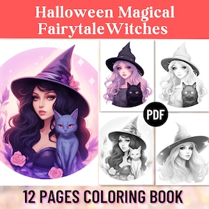 12 Halloween Fairytale Witches Coloring Pages,Adult Coloring Book,Halloween Gift,Pastel Witches,Pretty Witch,Printable PDF,Digital Download