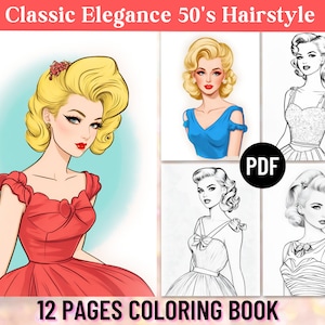 Vintage 1950s Hairstyle Fashion Coloring Book | 12 Stunning Pages | Adult Coloring Book | Fashion | Digital Printable PDF | Instant Download