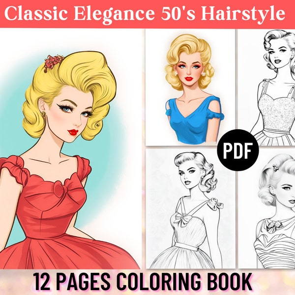 Vintage 1950s Hairstyle Fashion Coloring Book | 12 Stunning Pages | Adult Coloring Book | Fashion | Digital Printable PDF | Instant Download