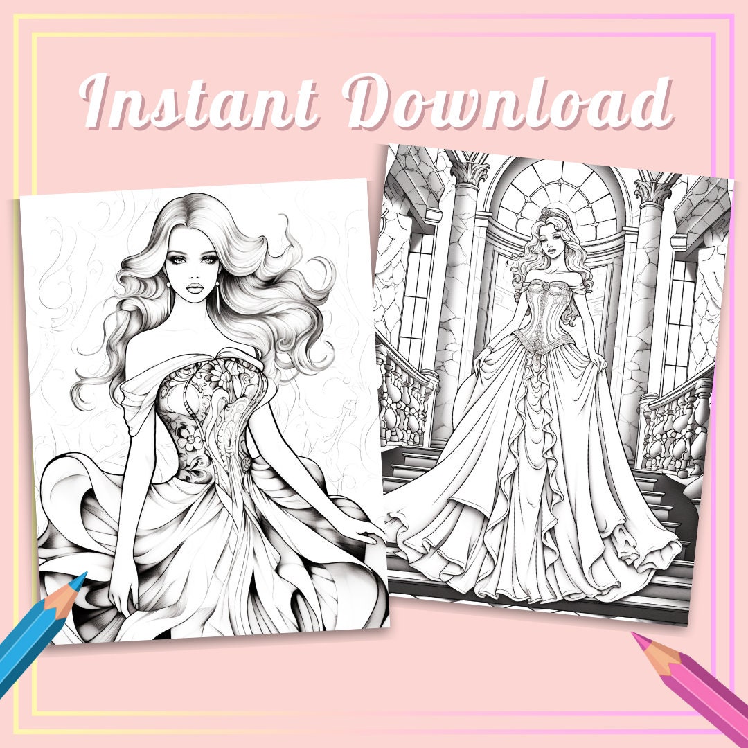 Fairytale Princess Fashion Coloring Book | 12 Beautiful Pages | Adult Coloring Book | Fashion ...