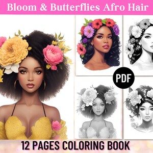 12 アフリカ系アメリカ人の花柄ヘアカラーリング ページ、蝶のアフロ黒人女性、ブラック ガール マジック、大人の塗り絵、印刷可能な PDF ダウンロード