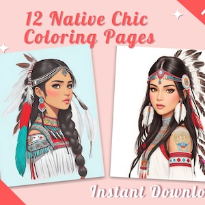 Könnte beinhalten: 12 Native Chic Malvorlagen - Sofortiger Download. Ein digitaler Download von 12 Malvorlagen mit amerikanischen Ureinwohnerinnen mit aufwendigen Kopfbedeckungen und traditioneller Kleidung.