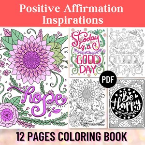 12 Inspirational Positive Affirmations Coloring Pages, Coloring Book for Adults, Motivational Gift Quote, Printable PDF, Digital Download