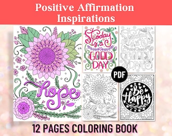 12 Inspirational Positive Affirmations Coloring Pages, Coloring Book for Adults, Motivational Gift Quote, Printable PDF, Digital Download