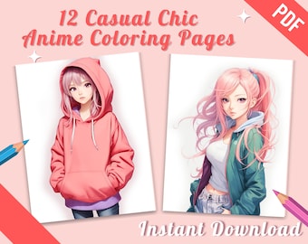 May include: Two anime-style coloring pages featuring female characters with pink hair. The first character is wearing a pink hoodie and the second character is wearing a green jacket over a white shirt. Both characters are in casual clothing. The text "12 Casual Chic Anime Coloring Pages" is at the top of the image.