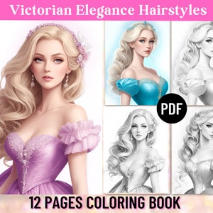 12 Viktorianische Frisuren Malvorlagen, Malbuch für Erwachsene, Viktorianisches Frauen Haar, Viktorianisches Geschenk, Digital Printable PDF, Sofort Download