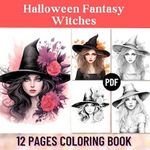 12 Halloween Fantasy Witches Coloring Pages,Adult Coloring Book,Halloween Gift, Gothic Girl, Pretty Witches, Printable PDF, Digital Download