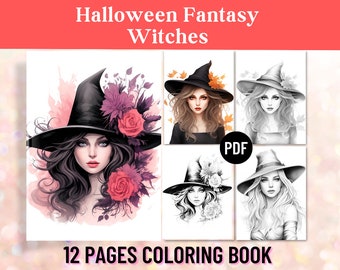 12 Halloween Fantasy Witches Coloring Pages,Adult Coloring Book,Halloween Gift, Gothic Girl, Pretty Witches, Printable PDF, Digital Download