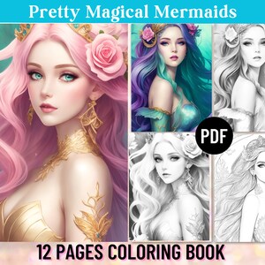 12 Mermaid Princess Coloring Pages, Coloring Book for Adults, Coloring Sheet Mermaid, Mermaid Gift, Digital Printable PDF, Instant Download