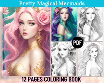 12 Mermaid Princess Coloring Pages, Coloring Book for Adults, Coloring Sheet Mermaid, Mermaid Gift, Digital Printable PDF, Instant Download