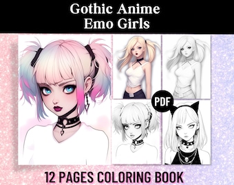 Pode incluir: Um livro para colorir de 12 páginas com garotas emo de anime gótico. A capa mostra uma ilustração colorida de uma garota com cabelo rosa e azul, usando um colar preto e uma camisa branca. O livro também inclui desenhos em preto e branco de outras garotas.