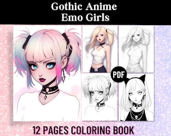 12 Gothic Anime Emo Girls Coloring Pages,Adult Coloring Book,Halloween Gift, Kawaii Chibi Anime Gothic Girl, Printable PDF, Digital Download