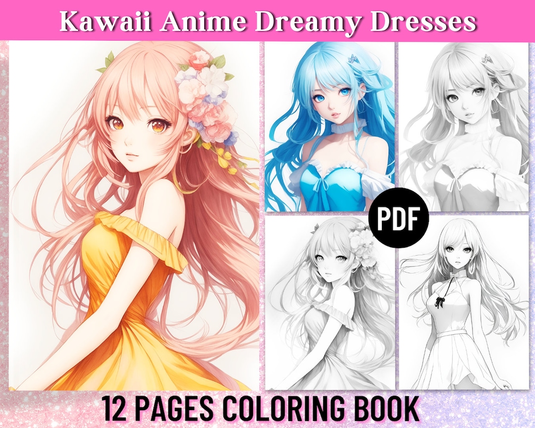12 Kawaii Anime Coloring Pages, Cute Dresses, Adult Coloring Book ...