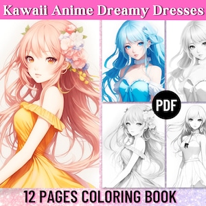 12 Kawaii Anime Coloring Pages, Cute Dresses, Adult Coloring Book, Manga Anime Coloring, Anime Girls, Digital Printable PDF,Instant Download