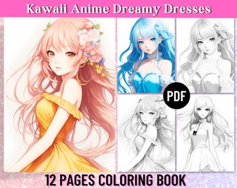 12 páginas para colorear de anime Kawaii, vestidos lindos, libro para colorear para adultos, coloración de anime manga, chicas anime, PDF imprimible digital, descarga instantánea