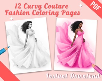 12 páginas para colorear de moda afroamericana Curvy Couture, libro para colorear para adultos, regalo de positividad corporal, PDF imprimible, descarga instantánea