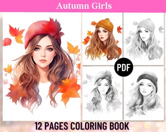 12 Autumn Girls Coloring Pages, Adult Coloring Book, Autumn Coloring, Maple Leaf, Fall Coloring Pages,Digital Printable PDF,Instant Download